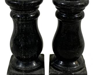 2393 - Pair Marble Candleholders 6.5" Tall (Description): A pair of marble candleholders featuring a classic baluster form on square bases. The set includes two pieces, each measuring 6.5 inches tall.