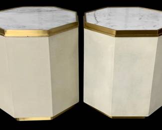 4178 - Pair Chelsea House Bunching Tables (Description): Retail $2988 each, Fabulous Octagonal Marble Top Cocktail Tables Banded With Antique Brass. This Table Works Alone Or Bundled Together In A Variety Of Shapes. By Designer Bradshaw Orrell. Marble top, 20 x 18 x 18