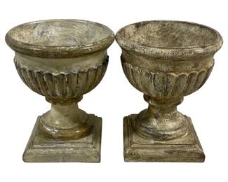 2389 - Pair Decorative Urns 5.5"x7" (Description): A two-piece set of decorative compotes with classical urn-style design featuring fluted bowls on pedestal bases with square footings. Each compote measures 5 1/2 inches by 7 inches.