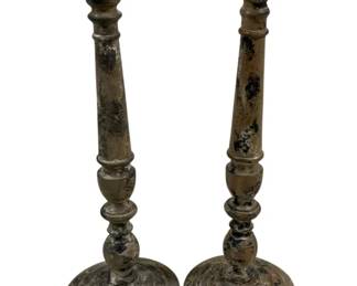 2402 - Pair Wood Candleholders 15" Tall (Description): A pair of candleholders with a weathered, distressed finish. The turned wood design features a round base, decorative baluster stem, and flat top with pricket for candles. Each measures 15 inches tall.