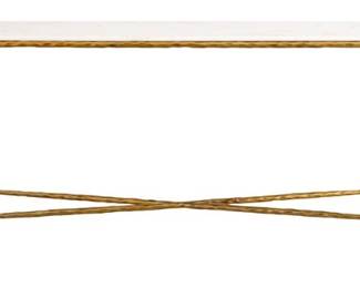 7000 - Elk Home Seville Forged Console (Description): 32 x 60 x 16, iron frame with antique brass finish, criss cross support and marble top
