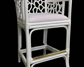 4218 - Wildwood Catania Stool (Description): 47 x 23 x 21, 30" seat height, Expertly crafted from rattan pole in a modern, geometric pattern, Catania Stool is designed to transport you to a relaxed Mediterranean atmosphere, Pair with our Catania table for the perfect spot to unwind and soak up the sun. The muslin upholstered cushion provides a comfortable and inviting seat, making it the perfect addition to sunrooms, pool houses and seaside getaways. For indoor use only.