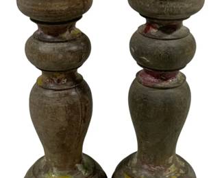 2430 - Pair Candle Prickets 7" Tall (Description): A 2-piece set of candleholders featuring turned wooden construction with weathered painted surfaces showing traces of original polychrome decoration. Each candleholder measures 7 inches tall and features a metal pricket spike at the top for securing candles.