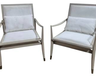 7008 - Pr Modern History Brachisto Ashe Chairs (Description): Pair of Modern History chairs. The upholstery has slight dirt spots. Measures 34 inches high by 26 inches wide by 28 inches deep.