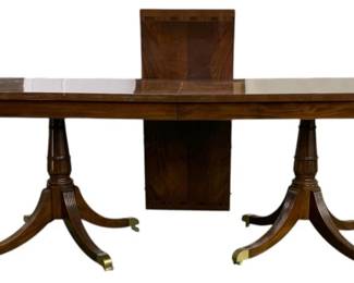 4159 - Alden Home Mahogany Dining Table w/ Leaf (Description): Double pedestal Duncan Phyfe style legs with brass toes & casters, 30 x 103 x 44 with leaf