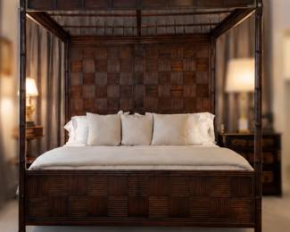 1970s Heneredon Pan-Asian Campaign-style King bed in the style of James Mont. Walnut w/brass details