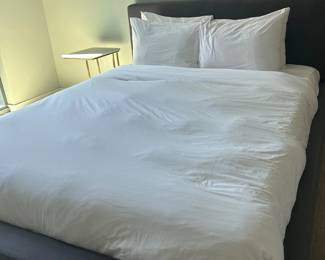Lot #95 Lot of 3 Gray Upholstered Queen Bed Frames, Modern Hotel and Airbnb Furniture