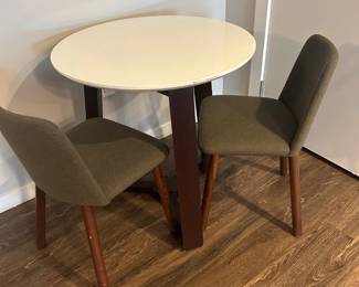 Lot #14 3-Piece Modern Dining Set, White Round Kitchen Table with 2 Blu Dot Gray Chairs