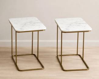 Lot #88 Final Pair of Marble-Top Side Tables with Brass-Finish Frames, Modern MCM Accent Furniture