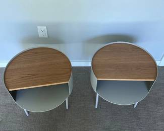 Lot #9 Pair of 14-Inch Modern Wood Top Nightstands, Gray Metal MCM Bedside Tables