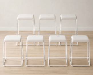 Lot #43 Lot of 7 White Flat-Seat Backless Bar Stools, Modern Kitchen and Restaurant Seating