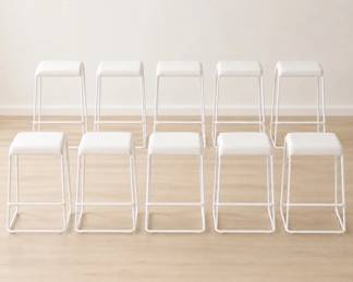 Lot #35 Lot of 10 White and Wood-Grain Backless Bar Stools, Modern Kitchen and Hotel Seating
