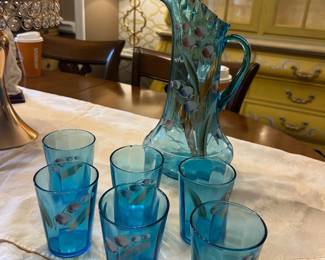 Colored Blue Handpainted Pitcher & Glass Set