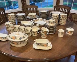Everyday dish set with fruit design, with matching serving pieces