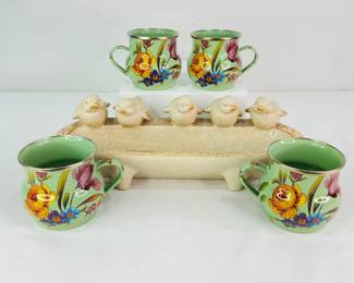 Mackenzie-Childs Green Flower Market Mugs & Ceramic Bird Tray