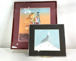 Framed Artwork: "Day of the Deer Dancer" by Veloy Vigil and a Wildlife Winter Landscape by Big Bow
