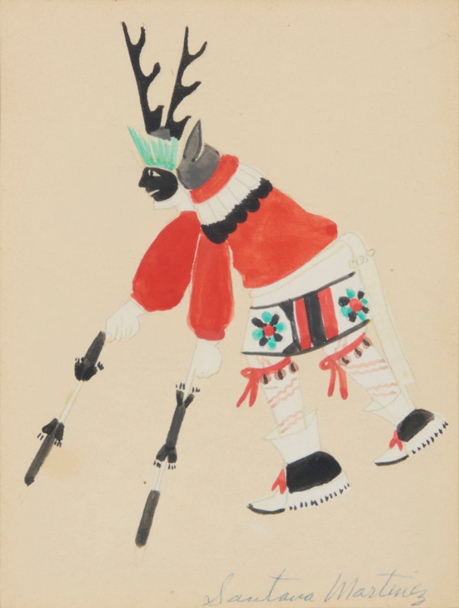 1001 Santana Royal Martinez (1909-2002, San Ildefonso) "Deer Dancer" Gouache and pencil on paper Signed in blue ink lower right: Santana Martinez; titled by repute Sight: 5 x 3 5/8 in. Estimate: $300 - $500