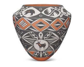 1054 Sarah Garcia (1928-2015, Acoma Pueblo) A large polychrome pottery olla jar With orange and black bands of geometric motifs and heartline bears and deer on white slip ground, above a puki indentation Signed and inscribed in slip to underside: SRAH.GARCIA / ACOMA / N.M Height 15 3/4 in., diameter 16 1/8 in. Estimate: $1,000 - $1,500