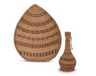 1168 Two Washoe twined basketry items Attributed to Sarah Jim Mayo (1858-1918, Washoe) Comprising a basketry-covered lidded bottle and a winnowing tray, each with multiple various geometric bands Bottle height 11 in., diameter 5 in.; tray 18 x 15 in. approximately Estimate: $1,200 - $1,800