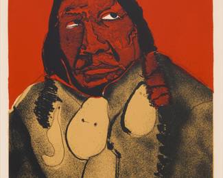 1006 Fritz Scholder (1937-2005, Luiseño) "Indian Portrait No. 2," 1972-73 Lithograph in colors on buff Arches paper Edition: 78/100 (there were also 10 artist's proofs) Signed and numbered in pencil in the lower margin: Scholder; Ben Q. Adams, prntr.; Tamarind Institute, Albuquerque, NM, prntr. and pub., inscribed "buff Arches" and with their work number, 73-690, in pencil, all verso; with the artist's, printers', and publisher's blindstamps in the lower margin Image: 11 x 7 in.; Sheet: 15 x 11 1/4 in. Estimate: $1,000 - $2,000