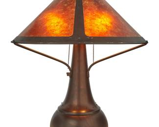 1259 A Mica Lamp Co. table lamp Early 21st century The patinated copper base issuing three lights, surmounted by a copper and mica shade, electrified With impressed factory marks; one with applied label: MICA LAMP CO. / Glendale, CA / SOLID COPPER Height overall 25 in.; height of base 24 1/4 in., width 18 1/2 in., depth 17 1/2 in.; height of shade 9 1/2 in., diameter 20 5/8 in. Estimate: $400 - $600