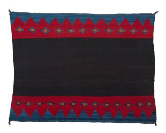 1208 A Diné (Navajo) transitional manta weaving Early 20th century Woven in brown, red, variegated blue, and orange wool with stepped borders and floating crosses to each long edge 4 ft 8 in. x 3 ft 6 1/2 in. approximately Estimate: $3,000 - $5,000