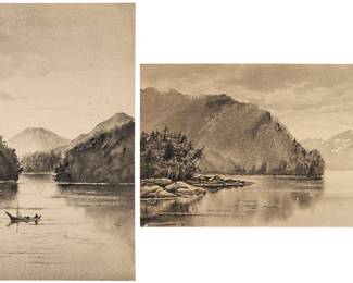 1136 Theodore J. Richardson (1855-1914) Two Works: A small boat on an Alaskan waterway Watercolor en grisaille on paper Signed lower left: T.J. Richardson Sheet: 5 x 8 7/8 in.; Mount: 10 1/2 x 14 3/8 in. "Wrangell Narrows" (Southeast Alaska) Watercolor en grisaille on paper mounted to paper Signed lower right: T.J. Richardson; titled in pencil on the verso of the mount Sheet: 5 x 8 7/8 in.; Mount: 10 1/2 x 14 3/8 in. Estimate: $800 - $1,200
