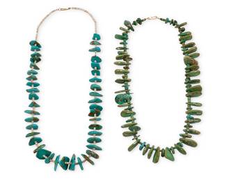 1323 Two Pueblo turquoise necklaces Mid/late 20th century Each single-strand necklace with graduated tab turquoise, one with heishi shell spacers Unmarked 2 pieces 31 in. & 26 1/2 in. 309.3 grams gross Estimate: $500 - $700