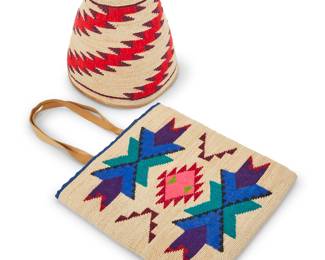 1112 Two Nez Perce polychrome corn husk items Attributed to Rose Frank (1912-1999, Nez Perce) Comprising a twined corn husk tapered hat with embroidered swirling sawtooth zigzag bands and hide trim to edge, as well as a small twined corn husk bag with sawtooth and stepped diamonds and other geometrical motifs to each side, and with grosgrain ribbon trim, fabric lining and hide strap handles 2 pieces Hat height 7 3/4 in., diameter 7 1/2 in.; bag height 10 1/2 in., width 10 1/4 in. approximately Estimate: $400 - $600