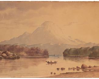 1135 Theodore J. Richardson (1855-1914) A canoe on an Alaskan lake with a mountain in the distance Watercolor on paper Signed lower left: T.J. Richardson. 11 x 18 1/2 in. Estimate: $400 - $600