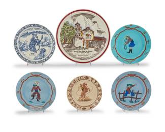 1199 Six Western hand-painted or transfer-printed porcelain plates Mid/late 20th century Comprising three painted with cowboy figures, one Till Goodan printed imaged of a bucking horse, one printed "Let 'Er Buck" Pendleton, Oregon, and one depicting "Mission San Diego de Alcala" Two marked for Vernon Kilns, others variously marked 6 pieces Largest diameter 14 in.; smallest diameter 9 1/4 in. Estimate: $150 - $250