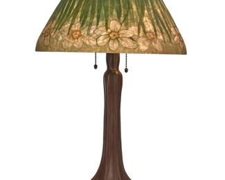 1366 A Handel obverse and reverse-painted glass table lamp Early 20th century The shade with textured exterior depicting floral motifs, mounted on a patinated metal base issuing three lights, electrified Painted to shade interior: A HANDEL 5643; heat cap ring impressed: HANDEL Lamps / PAT'D NO. / 979664; base impressed: HANDEL Height overall 23 1/4 in.; height of shade 7 1/4 in., diameter 14 1/4 in. Estimate: $2,000 - $3,000