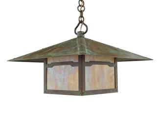 1315 An Arroyo Craftsman Arts & Crafts-style 'Cloud Lift' ceiling lantern Early 21st century The patinated brass case with iridescent slag glass panels housing a single light, electrified Factory label applied to escutcheon interior Height lantern only 14 1/4 in., width 20 1/8 in., depth 20 1/8 in.; height overall 27 in. Estimate: $300 - $500