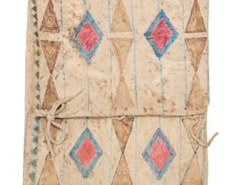 1116 A Plains painted hide parfleche envelope 20th century A stiff folded rawhide container with polychrome painted geometric designs and large flap with rawhide laces Height 19 in., width 13 1/2 in., depth 1 1/2 in. Estimate: $500 - $700