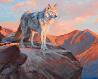 1389 Edward "Ned" Aldrich (b. 1965) Lone wolf on a rocky outcrop Oil on canvasboard Signed lower left: Aldrich; inscribed "Ned" on the frame's verso, possibly in another hand 12 x 16 in. Estimate: $500 - $700