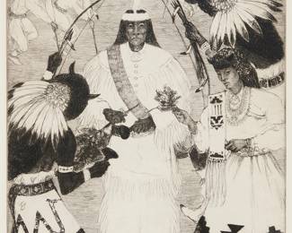 1018 Gene Kloss (1903-1996) "San Felipe Buffalo Dancers," 1962 Etching and drypoint on wove paper An artist's proof, aside from the edition of 50 Signed, titled, and inscribed in pencil in the lower margin: Gene Kloss N.A.; dated and inscribed "ED 50 / 1962" in pencil in the lower right margin corner (hidden by the overmat); inscribed "A dance given on the San Felipe Saint's Day, Feb 2 annually as seen in 1962 / + made then / Etching + Drypoint (42)" in black ink on a fragment of matboard affixed to the frame's backing paper Plate: 13 5/8 x 12 in.; Sheet: 18 1/4 x 15 in. Estimate: $1,000 - $1,500