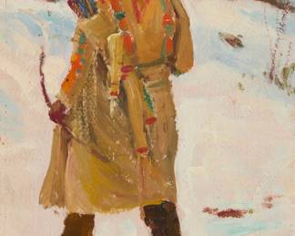 1082 Joseph Henry Sharp (1859-1953) "Indian with Bow and Arrows" Oil on board Signed lower right: JH Sharp; titled on gallery labels affixed to the frame's verso 12 x 8 1/8 in. Estimate: $15,000 - $25,000
