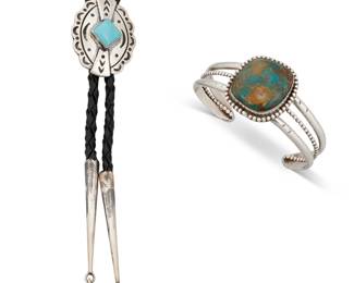 1329 Two Southwest sterling silver and turquoise jewelry items Late 20th century Comprising a three-wire cuff bracelet with a central set oblong turquoise stone, together with a small concho-style sterling silver bolo with set turquoise, mounted to a black braided leather cord with silver cone and ball tips Each unmarked Cuff 6 1/4 in. total inner C x 1 1/8 in., including a 1 1/8 in. gap; bolo 1 14 x 1 1/2 in., cord 42 in. 66.7 grams gross Estimate: $200 - $300