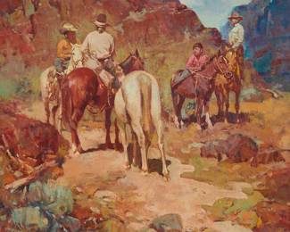 1090 Wil Timpe (b. 1920) "His First Pony," 1981 Oil on canvas Signed and dated lower left: Wil Timpe - 1981 / ©; titled and inscribed "T-34" in red marker on the stretcher 24 x 22 in. Estimate: $1,500 - $2,500