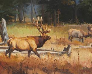 1233 Luke Frazier (b. 1950) "Arizona Roundup," 2007 Oil on Masonite Signed lower right: L. Frazier, dated lower left: © 07; signed and dated again, and titled, all verso, and yet again on an artist's label affixed verso; titled on the frame plaque 30 x 40 in. Estimate: $7,000 - $10,000
