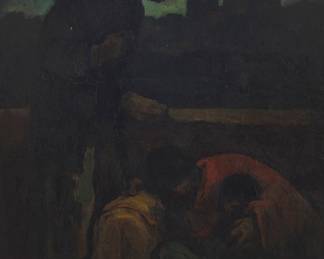 1252 Eugene Higgins (1874-1958) "The Strange Land" Oil on canvas Signed lower left: Eugene Higgins; signed again and titled in paint, verso, titled yet again on two exhibition labels affixed to the stretcher and frame; inscribed "The Outcasts" in pencil on the stretcher; alternatively titled "Refugees" on another label affixed to the stretcher 35 1/4 x 26 3/8 in. Estimate: $500 - $700