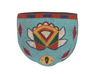 1111 A Plateau beaded Benicia Arsenal leather shot pouch Late 19th century The pouch originally for Dyer design carbine shot, the flap later beaded with a polychrome pictorial stylized floral and geometric design, with brass closure Impressed to reverse: U. S. / ARSENAL / BENICIA Height 5 1/2 in., width 6 1/4 in., depth 3/4 in. approximately Estimate: $400 - $600