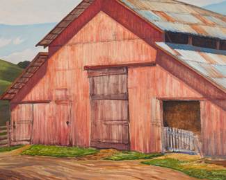 1343 Ray Strong (1905-2006) "Red Barn, Chamberlin Ranch, Los Olivos," circa 1989 Oil with traces of pencil on Masonite Signed lower right: Ray Strong; numbered "131" in ink, verso; titled and dated on a gallery label affixed to the verso 22 x 28 in. Estimate: $2,500 - $3,500