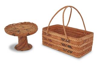 1155 Two Salish polychrome baskets First half 20th century; Pacific Northwest Comprising two coiled basketry items with imbricated designs including a handled rectangular storage basket with bands of ticking and geometric designs, as well as a pedestal tray with a central floral motif and swirled ticking to base, with an openwork piecrust rim and base edge 2 pieces Box height 5 1/4 in., width 13 1/4 in., depth 7 1/4 in.; handle height 8 in.; pedestal height 6 1/2 in., diameter 9 in. approximately Estimate: $200 - $400