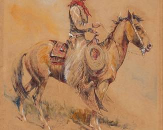 1251 Edward Borein (1872-1945) "A California Vaquero," 1924 Monoprint with gouache highlights on paper mounted to paperboard Signed and dated in pencil lower right: Edward Borein; titled lower left; signed again on the matting lower right; inscribed "To Pete Lewis from a Horseman" and with an artist's horse and rider remarque on the matting lower left; inscribed indistinctly in pencil in another hand: "W. [****tt] on the lower left corner of the mount Sheet: 19 7/8 x 15 1/4 in.; Mount: 19 7/8 x 16 3/8 in. Estimate: $6,000 - $8,000