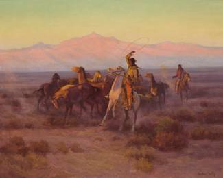 1084 Gordon Coutts (1868-1937) "Herding the Wild Horses" Oil on canvas Signed lower right: Gordon Coutts; alternatively titled very faintly in pencil on the stretcher "Roundup" and also numbered "34" and "40" in pencil on the stretcher; titled on gallery labels affixed to the frame's backing board 30 1/4 x 40 1/4 in. Estimate: $3,000 - $5,000