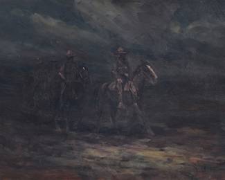 1179 Frank Tenney Johnson (1874-1939) "Night Rider" Oil on canvas laid to canvas Unsigned; titled on labels affixed to the frame's verso; alternatively titled "Nocturnal" 24 3/8 x 36 in. Estimate: $20,000 - $30,000