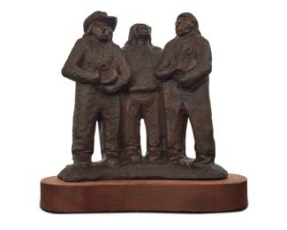 1007 Allan Houser (1914-1994, Chiricahua Apache) "One More Song," 1983 Patinated bronze on wood base Edition: 86/100 Signed and dated in the casting: ALLAN HOUSER / © / 83; impressed edition Height of bronze 4 3/4 in., width 4 7/8 in., depth 2 1/8 in.; height overall 5 1/2 in., width 5 7/8 in., depth 3 1/8 in. Estimate: $800 - $1,200