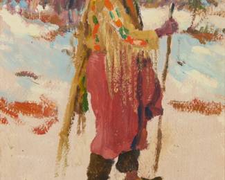1083 Joseph Henry Sharp (1859-1953) "Indian with Staff" Oil on board Signed lower right: J.H. Sharp; titled on two gallery labels affixed verso 12 x 8 in. Estimate: $15,000 - $25,000