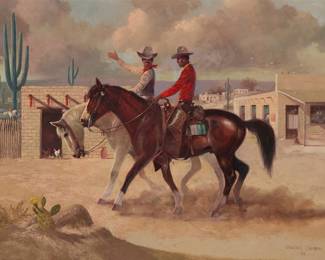 1180 Charles Damrow (1916-1989) Two cowboys on horseback, 1962 Oil on canvas Signed and dated lower right: Charles Damrow / '62 36 x 48 in. Estimate: $1,000 - $1,500